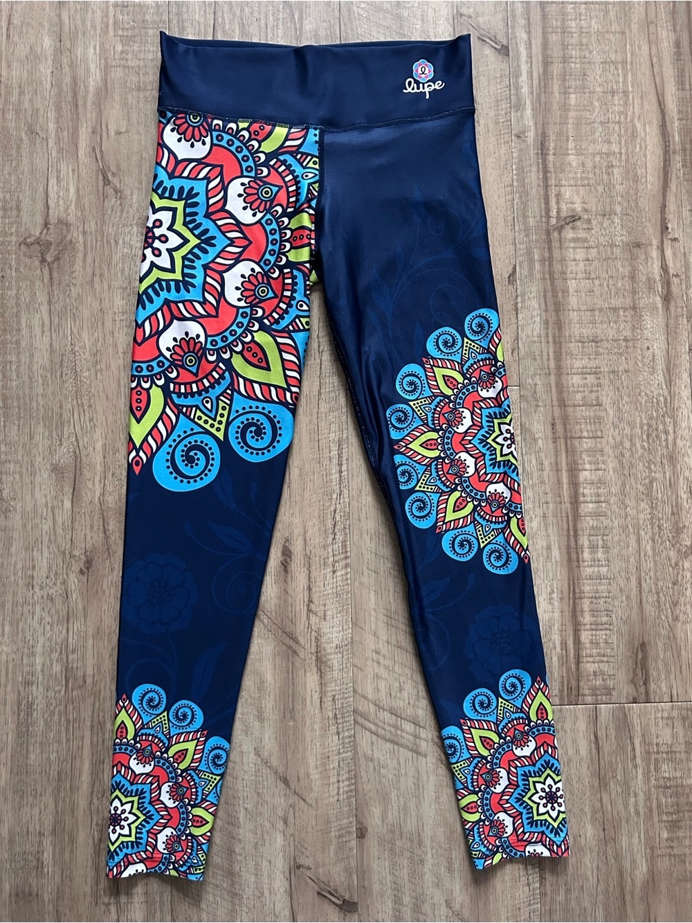 Lupe Navy Leggings with Bright Mandala floral Print made in Columbia fitness